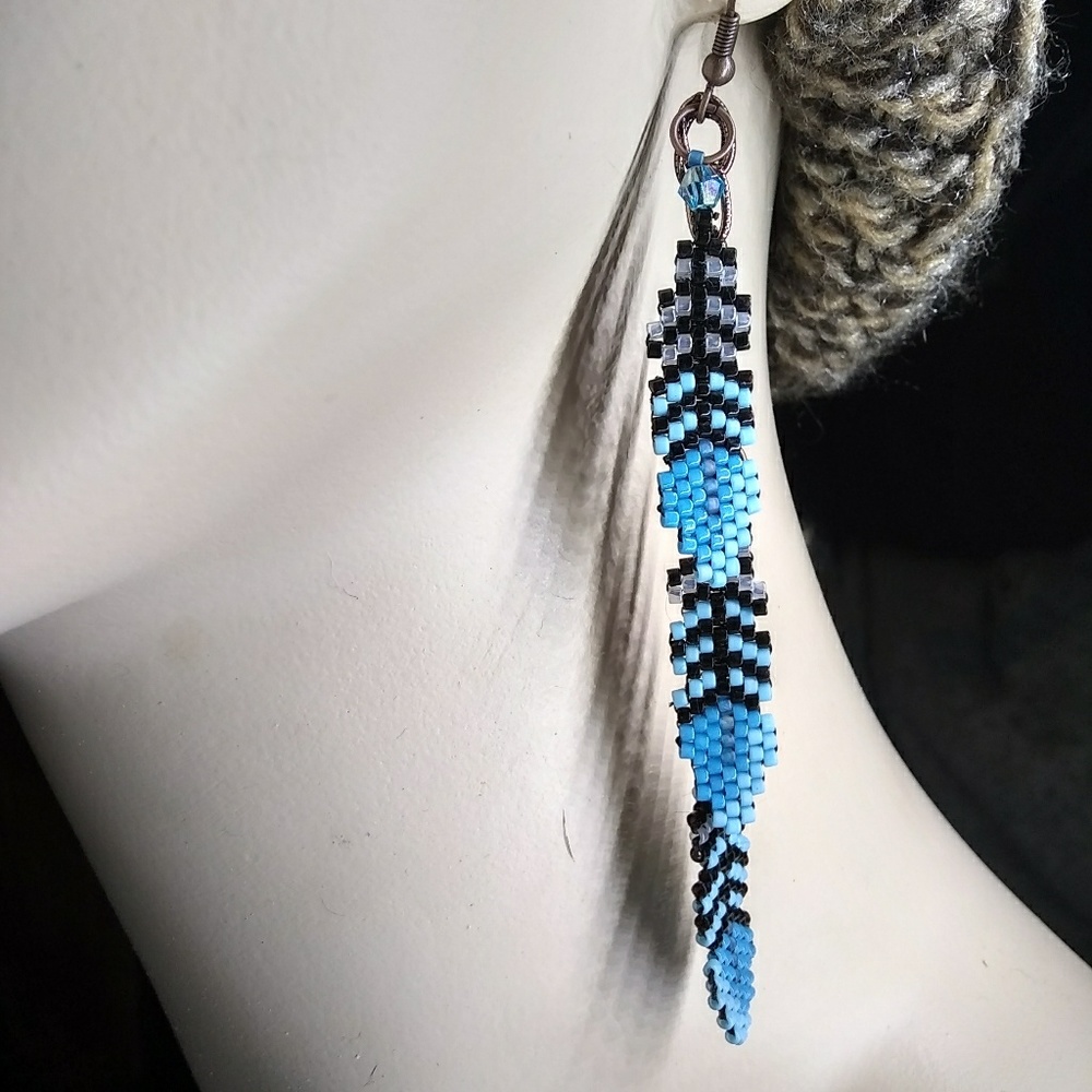 Beaded Handmade Turquoise Feather Long Earrings - Picture 2 of 6